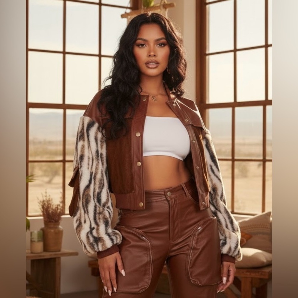 Stylish Brown Leather Jacket with Patterned Sleeves